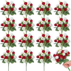 Zeyune 16 Bunches 12 Inch Artificial Mini Rose Bouquet 160 Heads Bridal Flower Bouquets Fake Silk Rose Bulk for Valentine's Day Wedding Bridal Shower Home Office Garden(White and Red)