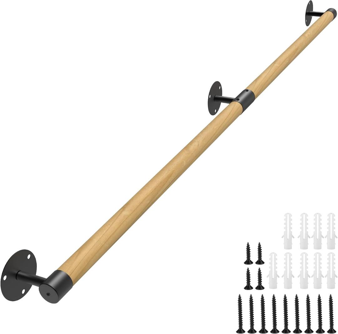 5FT Round Wooden Handrail for Indoor Staircase Handrail,Wall Mount Support Stair Railings, Non-Slip Safety Corridor,Lofts,Patio,Guardrail Wood Hand Railings for Elderly,Children,Disable People