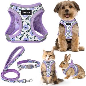 GAMUDA Small Dog Harness Collar and Leash Set, Step in No Chock No Pull Soft Mesh Adjustable Dog Vest Harnesses Plaid Reflective for Dogs Puppy Cats Kitten Rabbit (Purple Flower, M)
