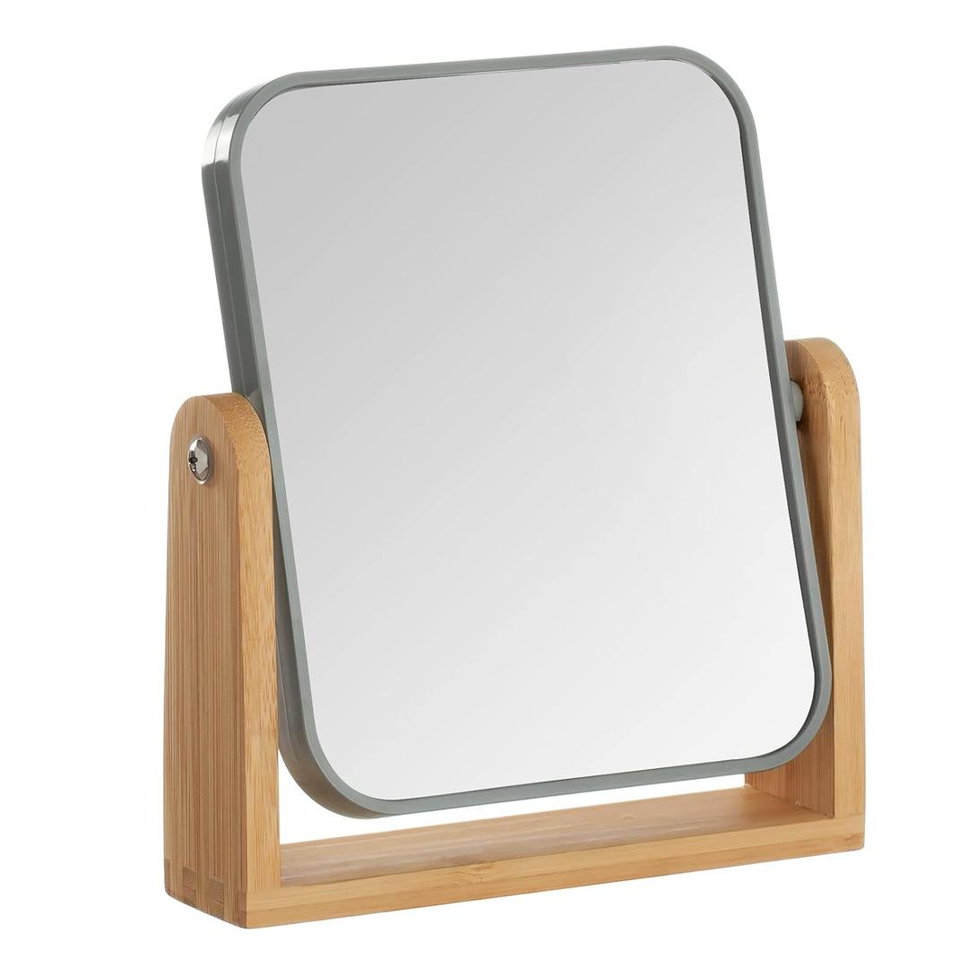 YEAKE Double Sided 3X Magnifying Makeup Mirror with Bamboo Stand,Small Desk Table Mirror with 360 Rotation,Standing Portable Cosmetic Mirror,Good for Shower,Shaving and Traveling-Grey