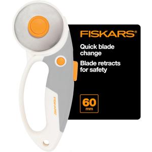 Fiskars 60mm Rotary Cutter for Fabric with Ergonomic Loop Grip And Comfort Handle, Titanium Rotary Fabric Cutter for Thick Materials, Easy and Safe Blade Change, Sewing Supplies and Quilting Tools