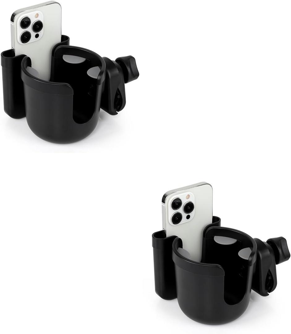 Accmor 2-in-1 Walker Cup Holder with Phone Holder, Wheelchair Cup Holder, Rollator Cup Holder, Cup Phone Holder for Walker, Wheelchair, Rollator, Mobility Scooter (All Black-2pc)