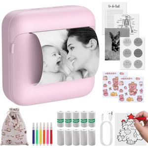 eSynic Mini Sticker Printer-1200mAh Rechargeable Battery-Bluetooth Portable Thermal Printer-Lnkless Printing- APP With 1000 Templates-5 Roll Adhesive & 5 Thermal Paper-6*Color Pens-for Notes/Photo etc