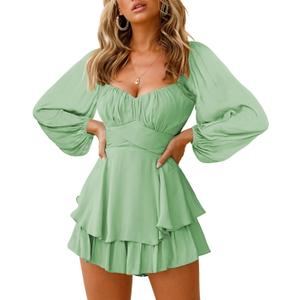 Fixmatti Women off Shoulder Rompers Lantern Long Sleeve Ruffle Tie Mini Shorts Jumpsuit (Medium, 01-green)