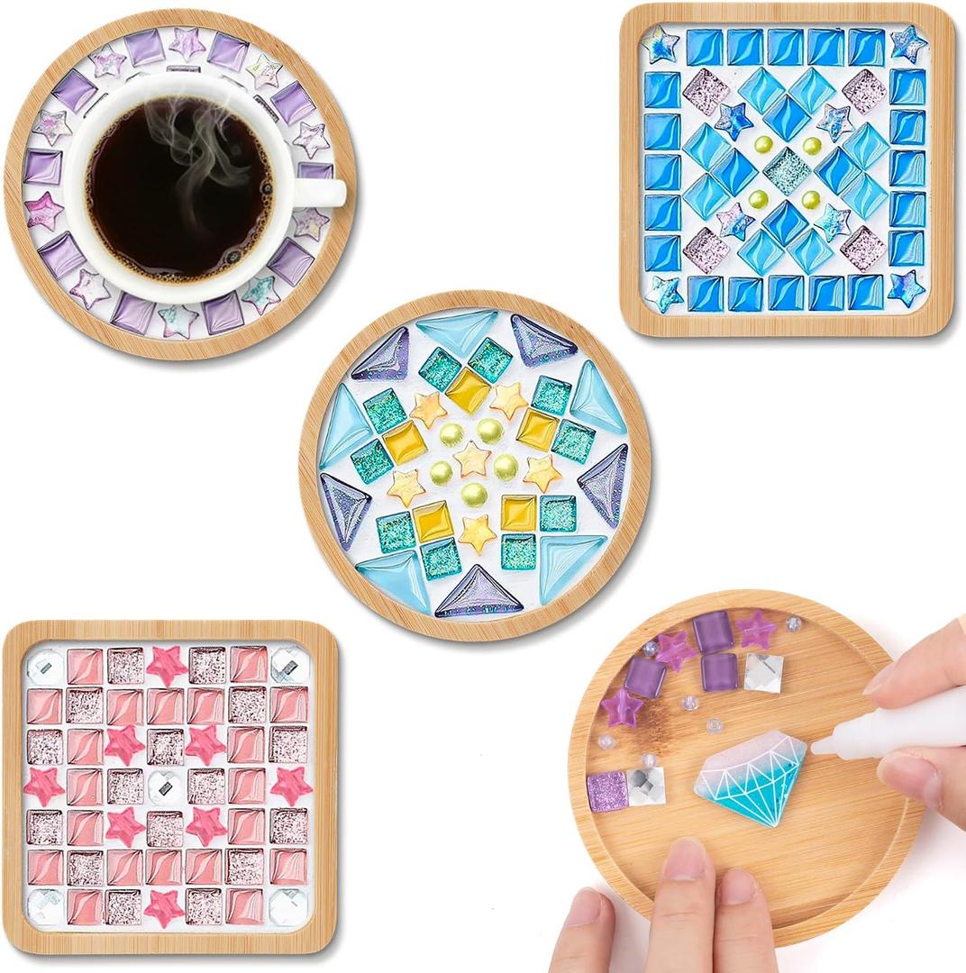 CUTEPLAN 4-Pack DIY Glass Mosaic Tile Art Craft Kits with Wooden Coasters Ideal for Adults Women Kids & Teens Gift for Grandparents Day Christmas