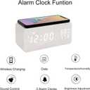 Wooden LED Alarm Clock with Wireless Charging Temperature and Humidity Display Calendar Adjustable Brightness Sound Control for Bedroom Home Office (White), Small