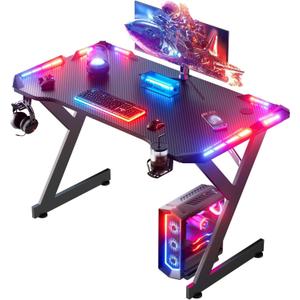 HLDIRECT 40 Inch Gaming Desk with Carbon Fiber Surface & LED Lights, Black