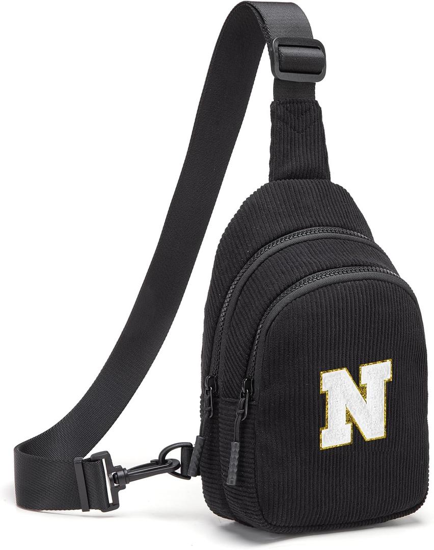 Viverte Small Corduroy Sling Bag Initial Crossbody Bag Fanny Pack for Girls Personalized Birthday Gifts for Teen Girls Gifts (Black)