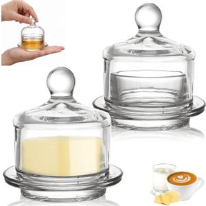 Dicunoy 2 Pack Glass Butter Dishes, Small Round Butter Keeper with Dome Lid and Handle, Clear Butter Serving Container with Cover, Round Crystal Mini Butter Cloche for Candy, Dessert, Parfait, Jam