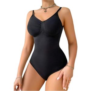 WDIRARA Women's V-neck Spaghetti Strap Shapewear Bodysuit Open Back Sleeveless Slim Fit Tank Tops (Black, M)