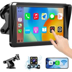 Portable Wireless Carplay Screen for Car Apple Carplay&Android Auto, 7" HD Touch Screen Car Stereo with 1080P Backup Camera/GPS Navigation/Mirror Link/Voice Control/Aux Fits Cars