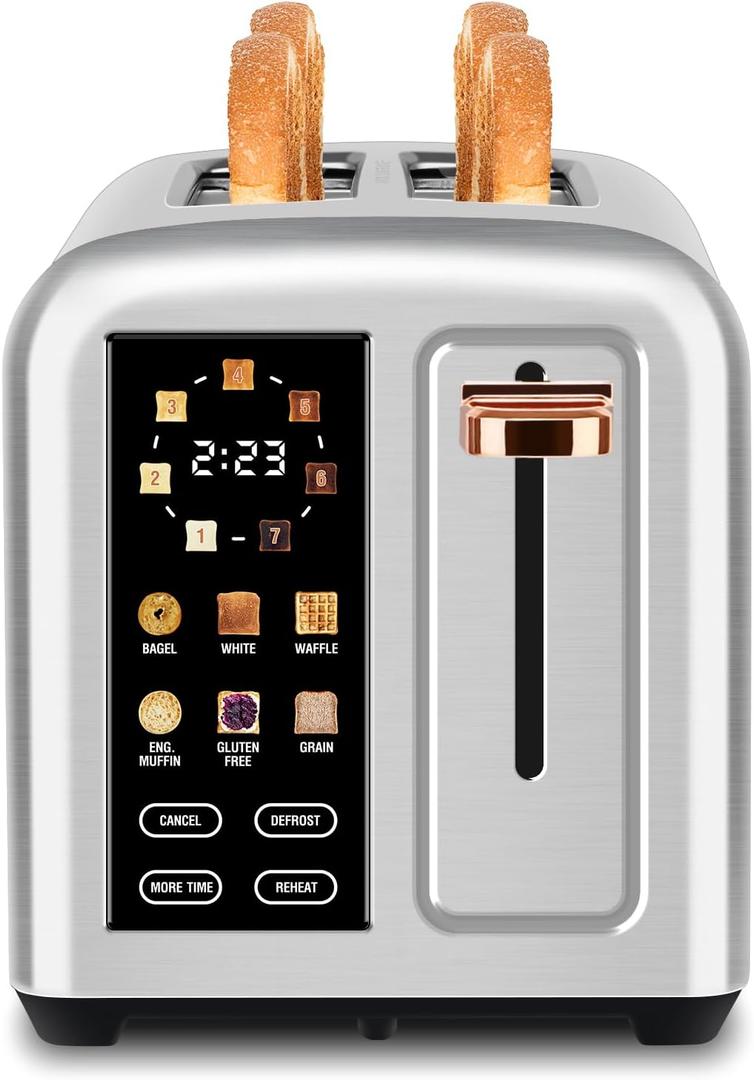SEEDEEM Toaster 2 Slice with Touch Screen, Faster Heating Speed, 7 Shade Setting, 6 Bread Type, 1.5Wide Slots Toaster, Removable Crumb Tray, 1350W, Silver Metallic