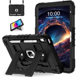 WESOROL Case for iPad A16 11th Generation 11 Inch (2025) iPad 10th Generation 10.9 Inch (2022),i Pad A16 Case Military Grade Shockproof Cases with Pencil Holder Shoulder Strap,Black