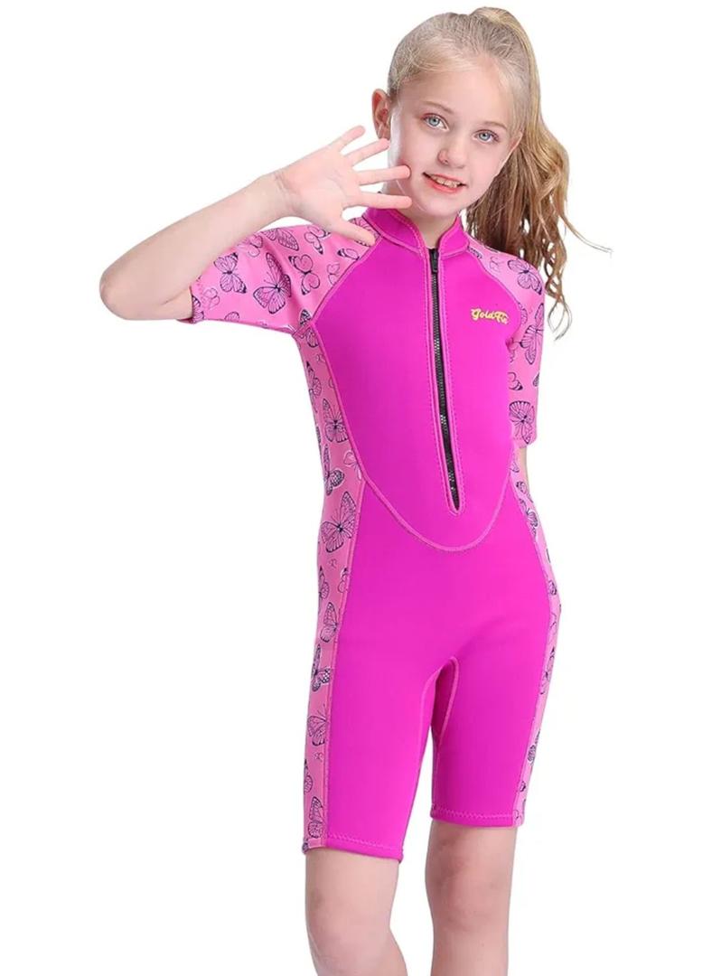 Goldfin Kids Wetsuit for Girls Boys, 2mm 3mm Toddler Shorty Neoprene Front Zip Wet Suits Keep Warm for Water Sports Surfing Snorkeling Swimming Pink 8