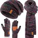 Winter Beanie Hat Scarf Gloves Set for Women, Slouchy Beanie Long Scarf Touchscreen Gloves, Warm 3 in 1 Christmas Gift Set