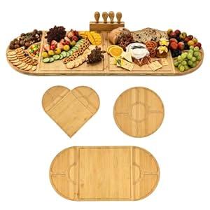 GLOKUUCA Bamboo Charcuterie Boards and Knife Set, 4 in 1 Long & Round Magnetic Extra Large Cheese Platter - Gifts for House Warming New Home, Bridal Shower, Wedding