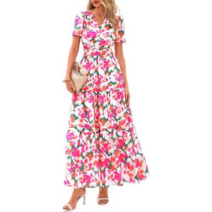 PRETTYGARDEN Women's 2026 Summer Boho Maxi Dresses Floral Short Sleeve V Neck A Line Tiered Flowy Long Beach Vacation Dress (Pink, XXL)