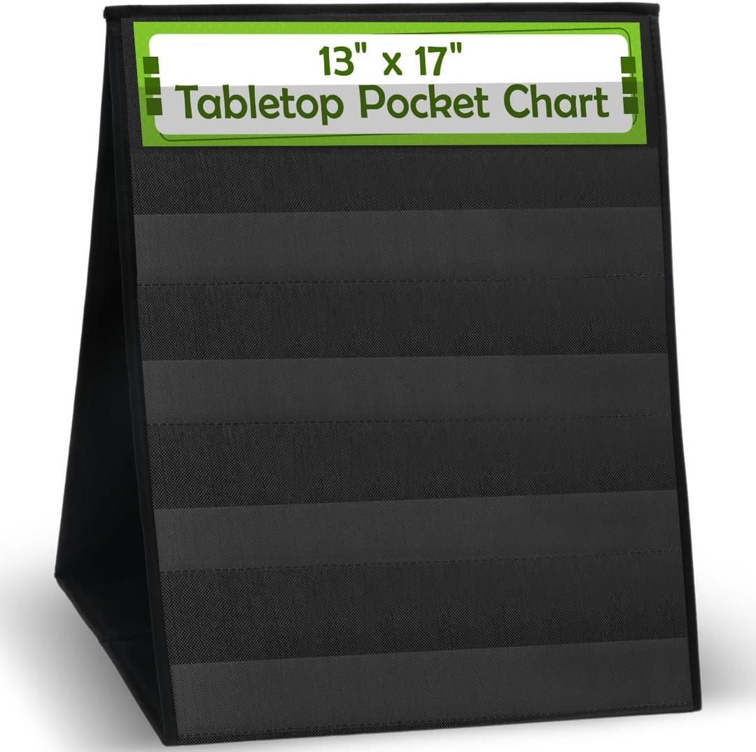 Essex Wares  1 Pack - 13" Wide x 17" Tall Tabletop Pocket Chart, Black - Double Sided with 5 Straps Each- Ultra-Durable Pocket Chart Stand for Classroom - Easy to Use, Reusable & Foldable