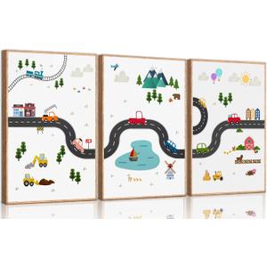3Pcs Car Nursery Canvas Wall Art Boy Cartoon Truck Urban Transport Painting Picture Wall Decor Poster Print Artwork for Kids Room Baby Room Boys Bedroom Home Decoration Unframed