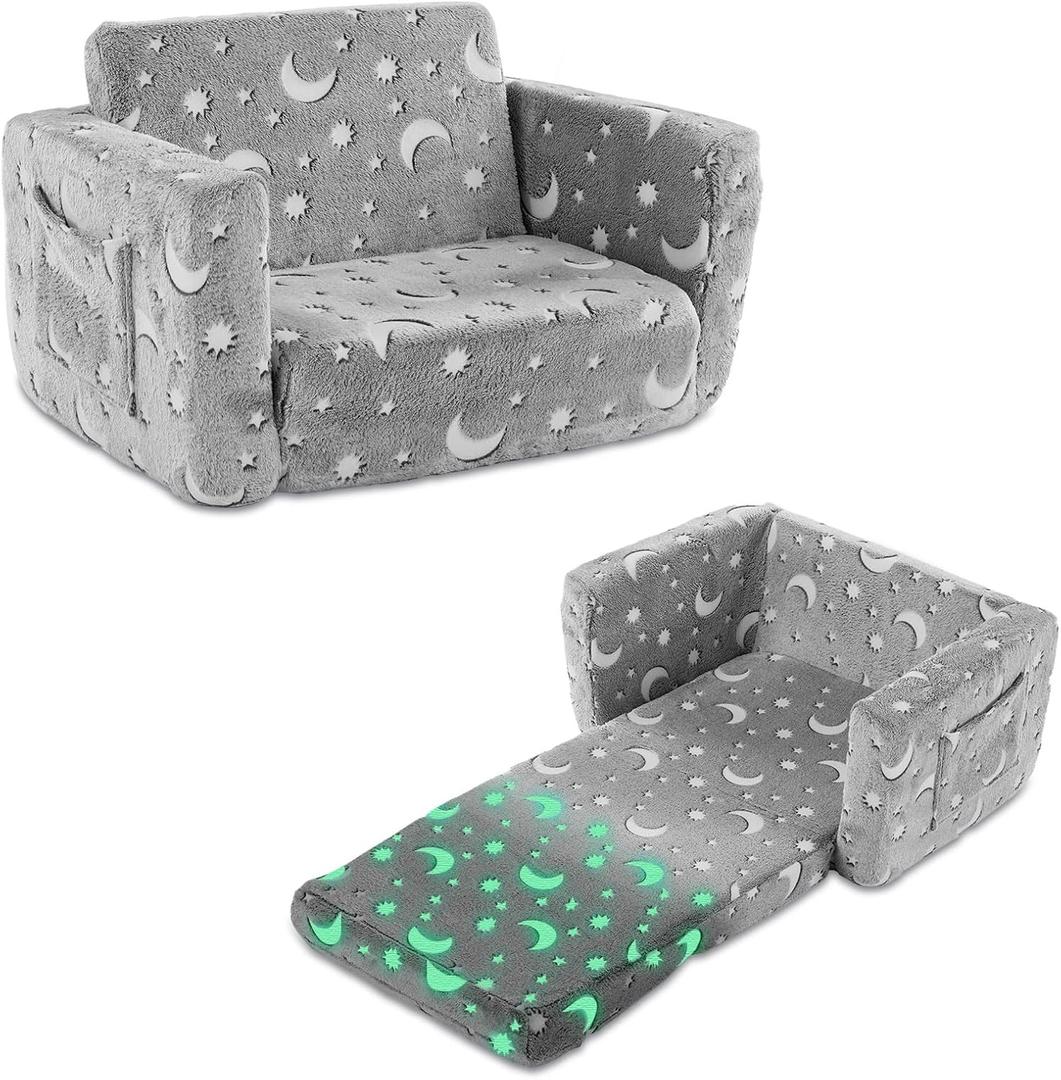 Karl home Comfy 2-in-1 Toddler Chair and Couch, Convertible Plush Fold Out Sofa to Lounger for Kids, Flip Open Sleeper for Playroom, Glowing Grey Night Sky