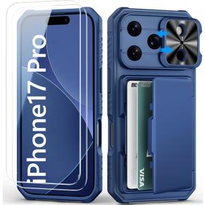 For iPhone 17 Pro Case Wallet with Screen Protector (Tempered Glass), Slide Camera Cover, Military Grade Drop, Card Holder (4-5 Cards), Heavy Duty Men Women Case for iPhone 17 Pro, Blue