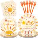 96Pcs First Trip Around the Sun Party Decorations for Girl Boho Sun 1st Birthday Plates and Napkins Sets The Sunshine Number 1 Birthday Decorations for Boho Boys One Year Old Party Supplies Serves 24