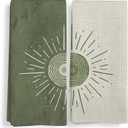 Qeheb Boho Green Sun Kitchen Towels, Sun Sunset Sunshine Kitchen Towels Decorative Set of 2, Boho Lover Gifts, Boho Bathroom Towels, Bohemian Olive Green Hand Dish Tea Towels for Kitchen 16X24In