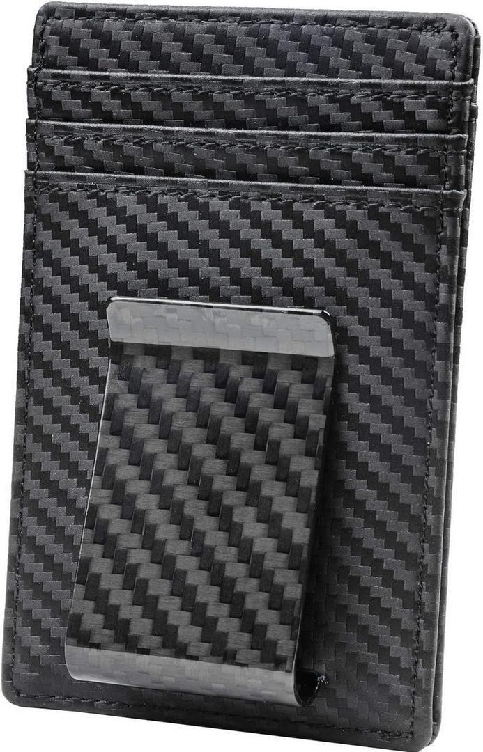 Travelambo Money Clip for Men Carbon Fiber Clip Wallet Leather Slim Minimalist Card Holder RFID Blocking (Weaved Black)