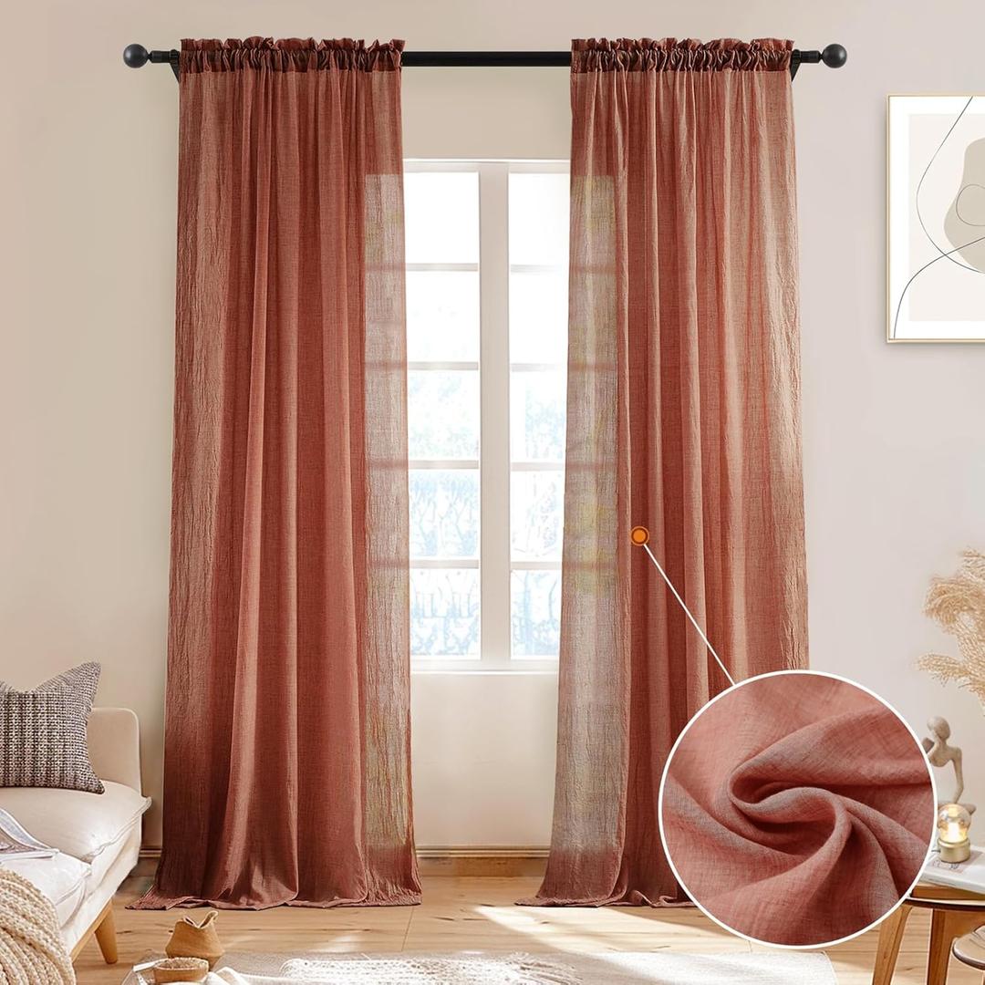 Melodieux Terracotta Sheer Curtains 72 Inches Long for Bedroom, Natural Cotton Linen Light Filtering Window Sheer Drapes, Living Room Rod Pocket Farmhouse Crepe Voile Curtains, 52W x 72L, 2 Panels