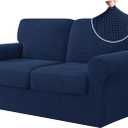 CHUN YI 5 Piece Stretch Loveseat Sofa Cover, 2 Seater Couch Slipcover with Two Separate Backrests and Cushions with Elastic Band, Checks Spandex Jacquard Fabric(Medium,Dark Blue)
