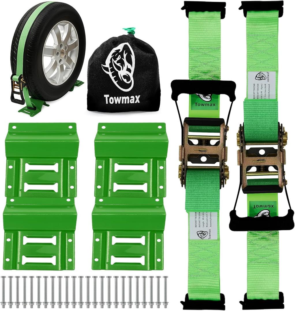 UTV Wheel Chock Tie-Down Kit - 4,500lb Break Strength Heavy Duty Trailer Tire Straps System - 2Pack 2" x 8' E Track Ratchet Straps for SXS, UTV, ATV, Lawn Mower (Bright Green)