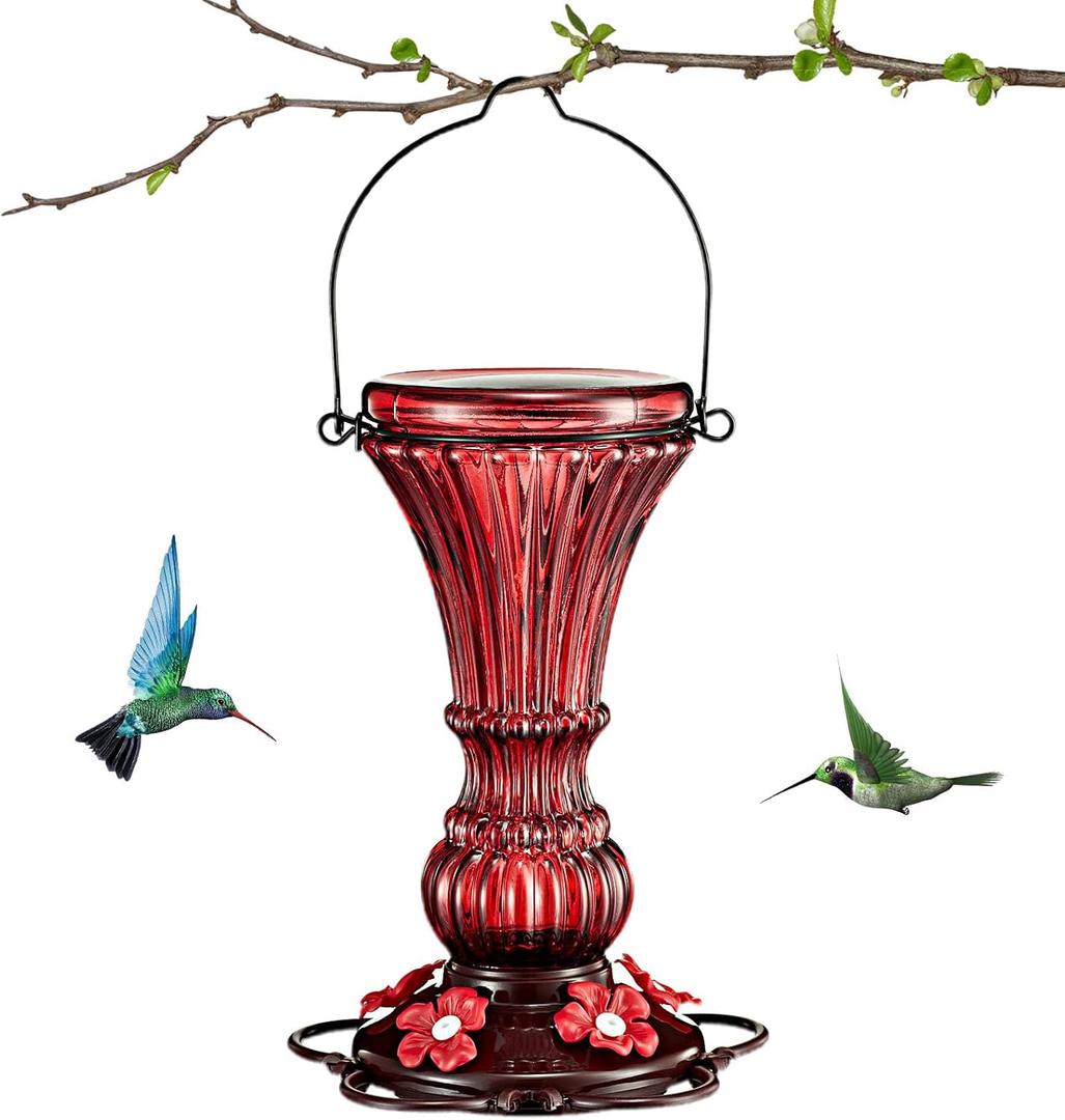 Glass Hummingbird Feeders Red Wild Bird Nectar Feeder for Outdoors Hanging Leak Proof 20 Ounces with 5 Feeding Ports, Decor Backyard