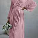 PRETTYGARDEN Women's Spring Midi Dress Long Puff Sleeve Wrap V Neck Flowy Ruffle Pleated Casual Fall Dresses (Pink, L)