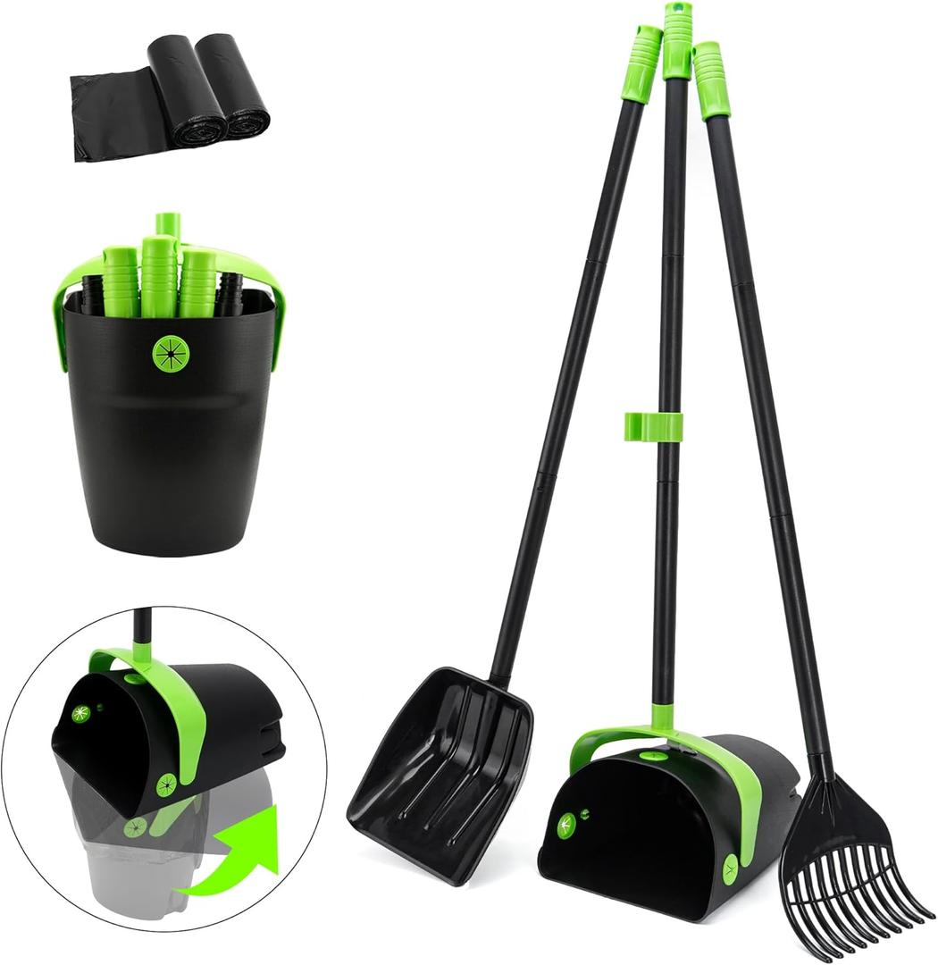 Pooper Scooper Swivel Bin & Rake & Spade Kit with Waste Bags, Max 50" Long Handle Adjustable Portable Non-Breakable for Large Medium Small Dogs, Dry and Wet PoopLawn Yard Dog Kennel