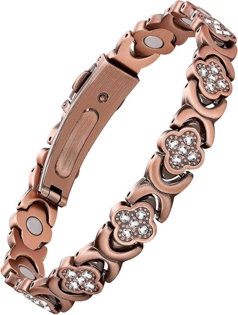 Jecanori 5X Strength Magnetic Copper Bracelet for Women Ellipse Magnets Pure Copper Magnetic Bracelet Premium Butterfly Clasp & Adjustable Length Four-Leaf Clover Health Bracelets (Classic)