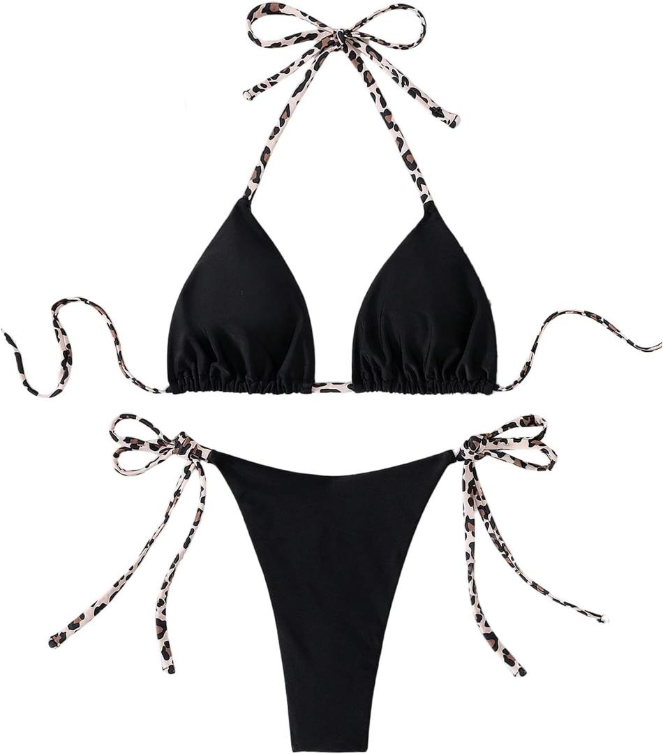 MakeMeChic Women's Halter Triangle Thong Bikini Sets High Cut Swimsuit Bathing Suit Swimwear (Black Leopard)