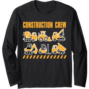 Construction Crew Vehicles Birthday Theme Party Long Sleeve T-Shirt, L, Black