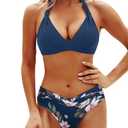 Yonique Women Two Piece Bathing Suits Push Up Bikini Set Halter Swimsuit Vintage Swimwear Dark Blue Flower L
