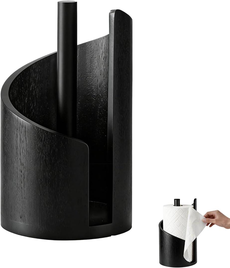 Mountain Paper Towel Holder, 2026 New Wooden Mango Wood Stand with Iron Base, One-Handed Operation, Fits Jumbo Rolls, Modern Countertop Towel Holder for Kitchen & Bathroom (Black)