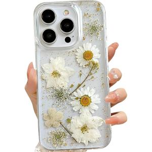 LSEEKA for iPhone 16 Pro Clear Case with Pressed Real Flowers Design, Glitter Cute White Floral Pattern Slim Soft TPU Protective Women Girl's Phone Cover, White Gold