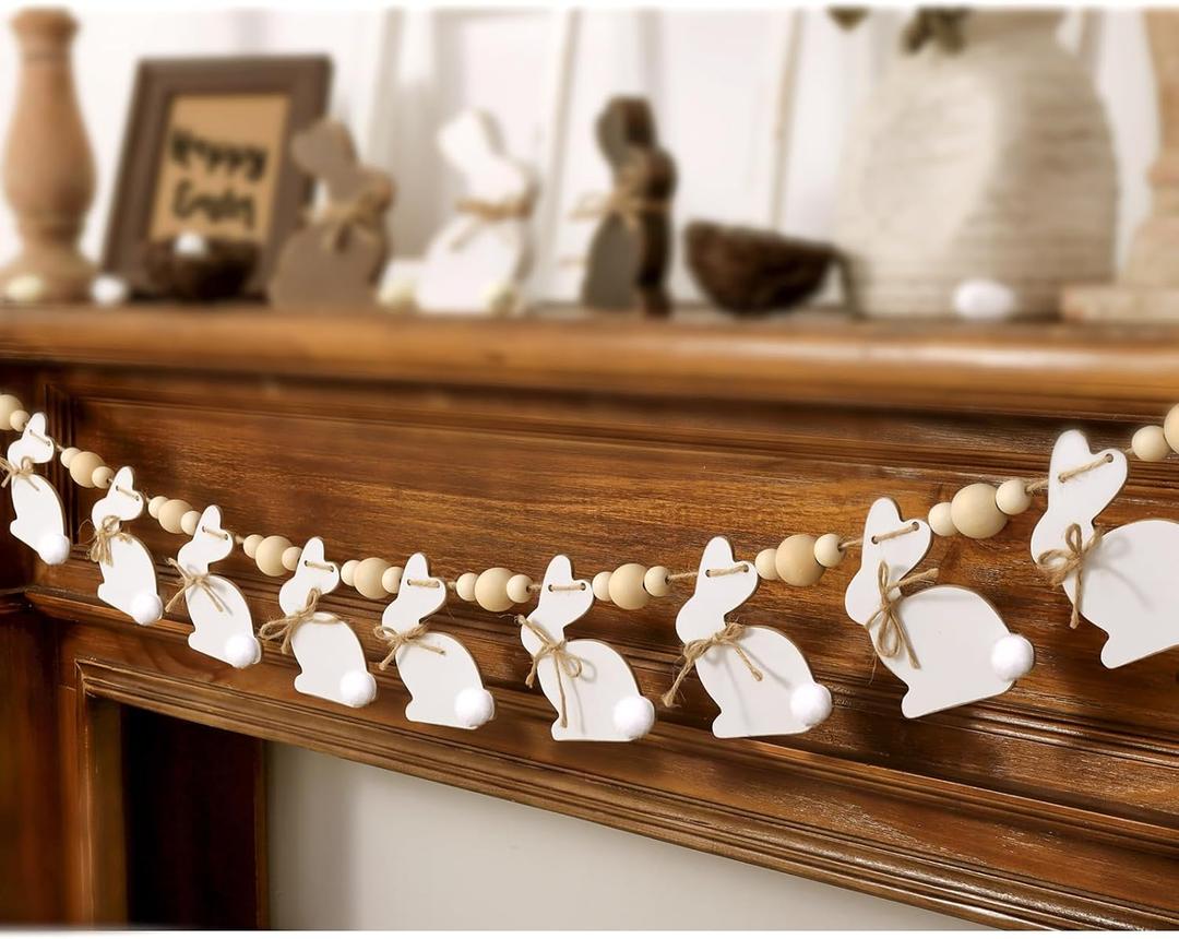 Easter Decorations Garlands, Cute Bunny Easter Garland with Wooden Beads, Rustic Banner for Mantel, Fireplace, Wall, Home, Farmhouse, Office, School Indoor Spring Decor Supplies