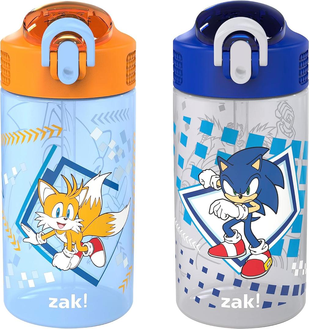 Zak Designs Sonic Kids' 2-Pack Leak-Proof Water Bottles With Straw, Handle and Pop-Up Spout Cover (Sonic the Hedgehog)