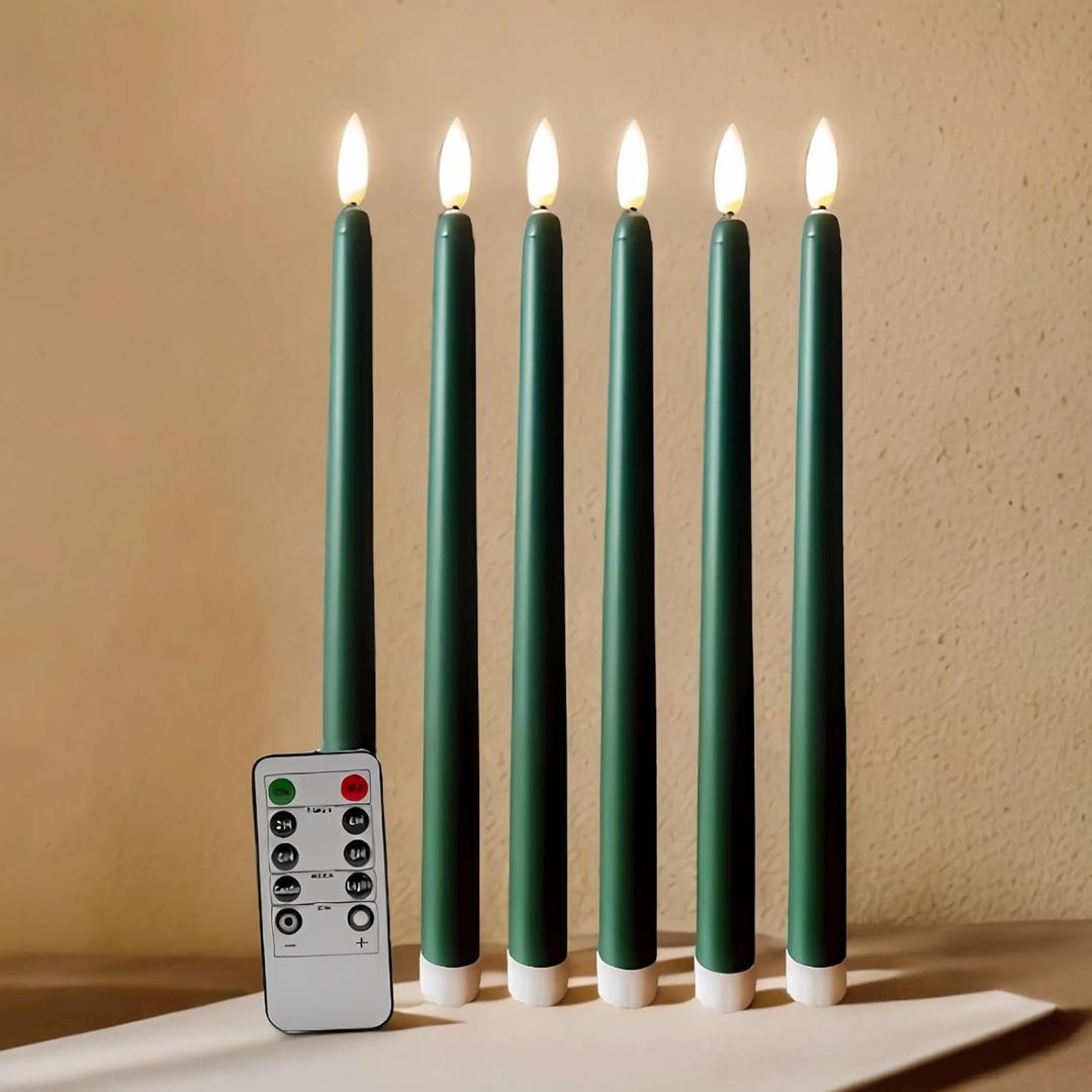 Green Christmas Flameless Taper Candles with Remote Timer, Flickering Battery Operated LED Candlesticks Set of 6
