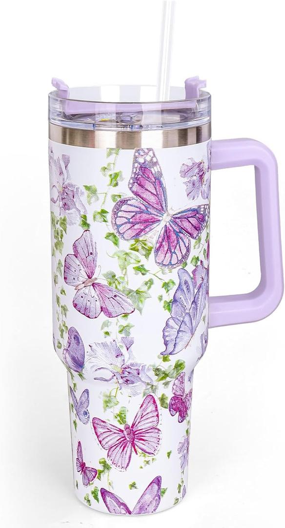 Whaline 40oz Purple Butterfly Tumbler with Handle Straw and Lid Spring Flower Butterfly Travel Tumbler Coffee Cup for Women Friend Holiday Birthday Party Favors