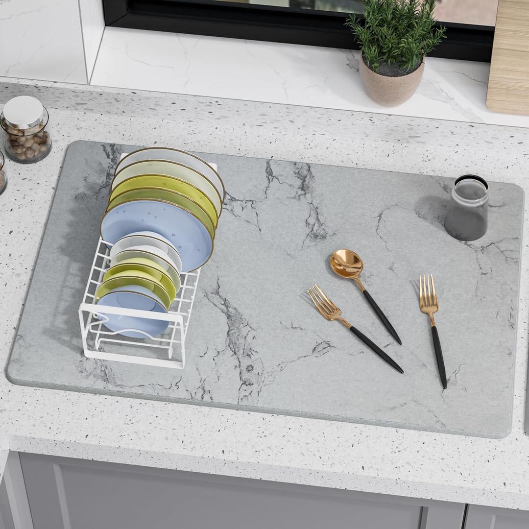 Large Stone Drying Mat for Kitchen Counter, 24"  16" Diatomite Dish Drying Mat, Quick Dry Stone Mats, Ultra Absorbent Natural Diatomaceous Earth Mats for Dished, Bottles, Grey Marble