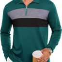 Mens Quarter Zip Polo Shirt Long Sleeve Color Block T Shirts for Men Lightweight Casual Striped Golf Polos (Green, XL)