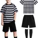 Kids Halloween Costume Boys Black and White Striped Crew Neck Shirt Shorts Set for Daily Halloween Cosplay (5-7 Y)