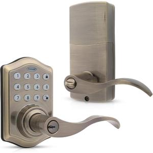 Honeywell Safes & Door Locks - Keyless Entry Lever Door Lock Handle with Electronic Keypad - Easy to Install Front Door Lock with Code - 50 User Pin Codes - Antique Brass - 6.5 x 8.8 x 9 in - 8734101
