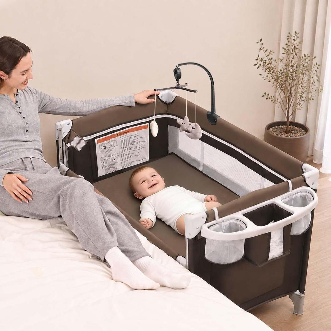 5-in-1 Baby Bassinet Bedside Sleeper, Foldable Pack and Play(Brown), Crib