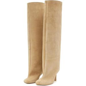 UBWDU Women's Suede Knee High Boots Square Toe Stiletto Heels Wide Calf Tall Boots size 8